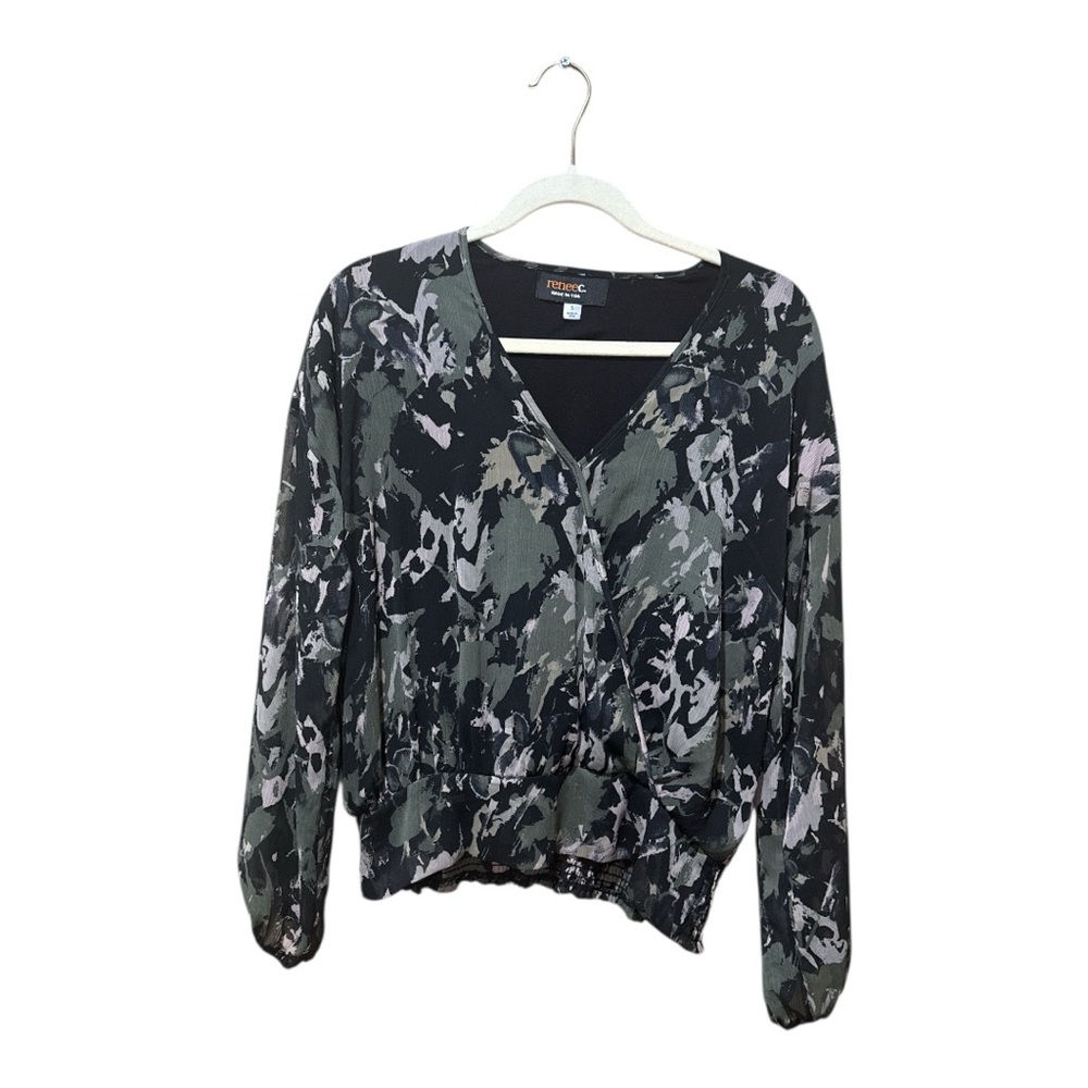 Renee C. Black and‎ Gray Graphic 3/4 Sleeve Blouse